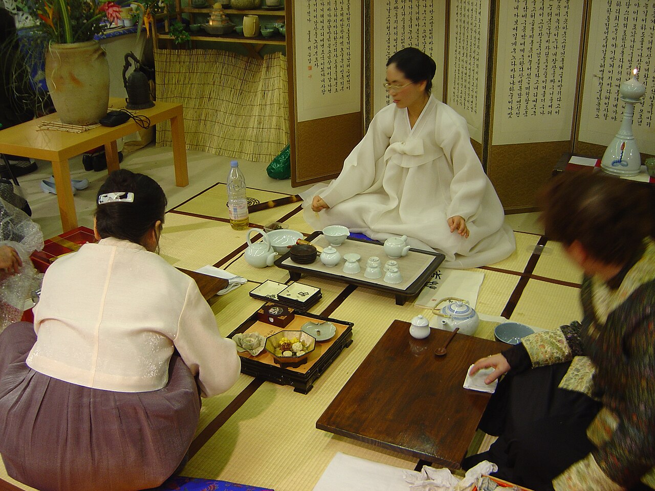 Korean tea ceremony table setting with teaware